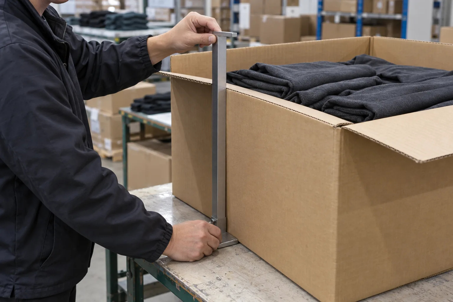 Quality inspector measuring a filled carton containing folded apparel sets