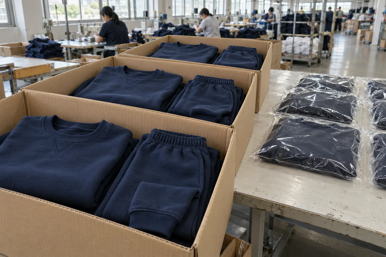 Photorealistic apparel factory documentary photograph, finished navy sweatshirt and jogger sets folded into open plain c