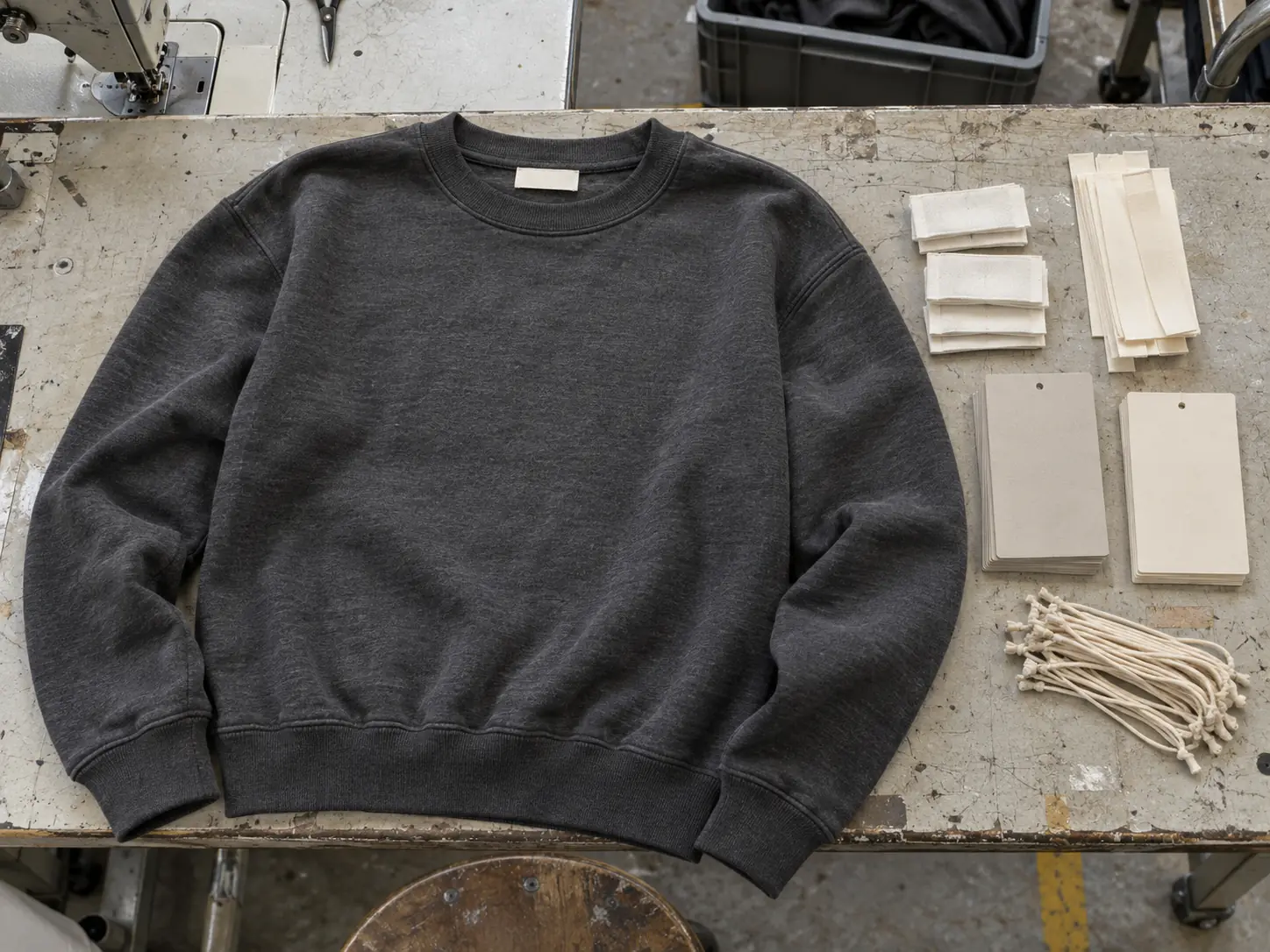 Blank garment labels and unprinted hangtags arranged beside a sweatshirt sample