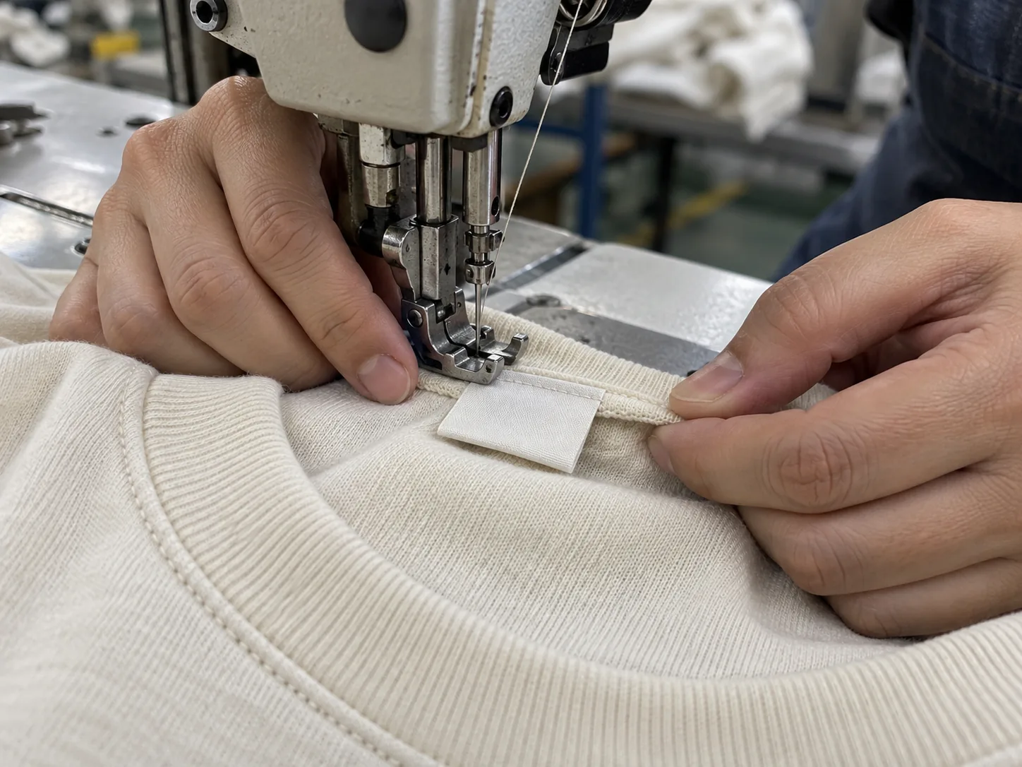 Sewing operator attaching a blank folded label inside a cotton garment