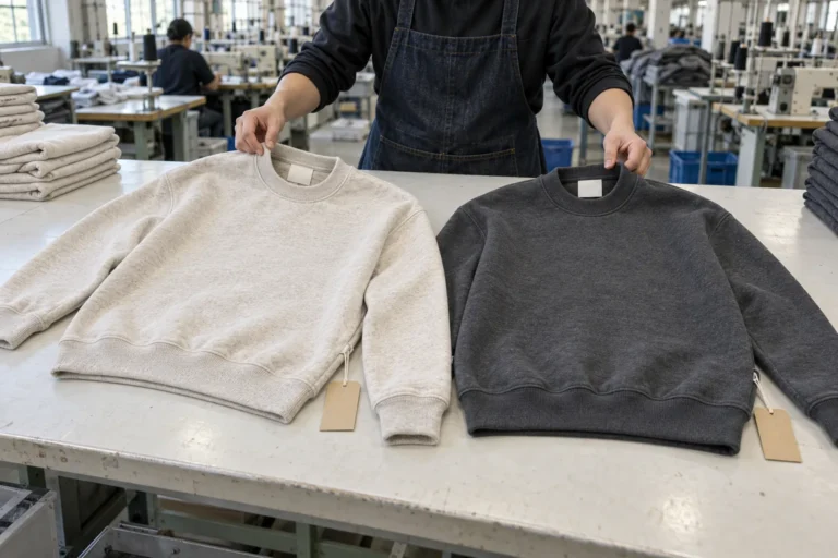 Photorealistic apparel factory documentary photograph of a quality inspector comparing two finished heavyweight crewneck