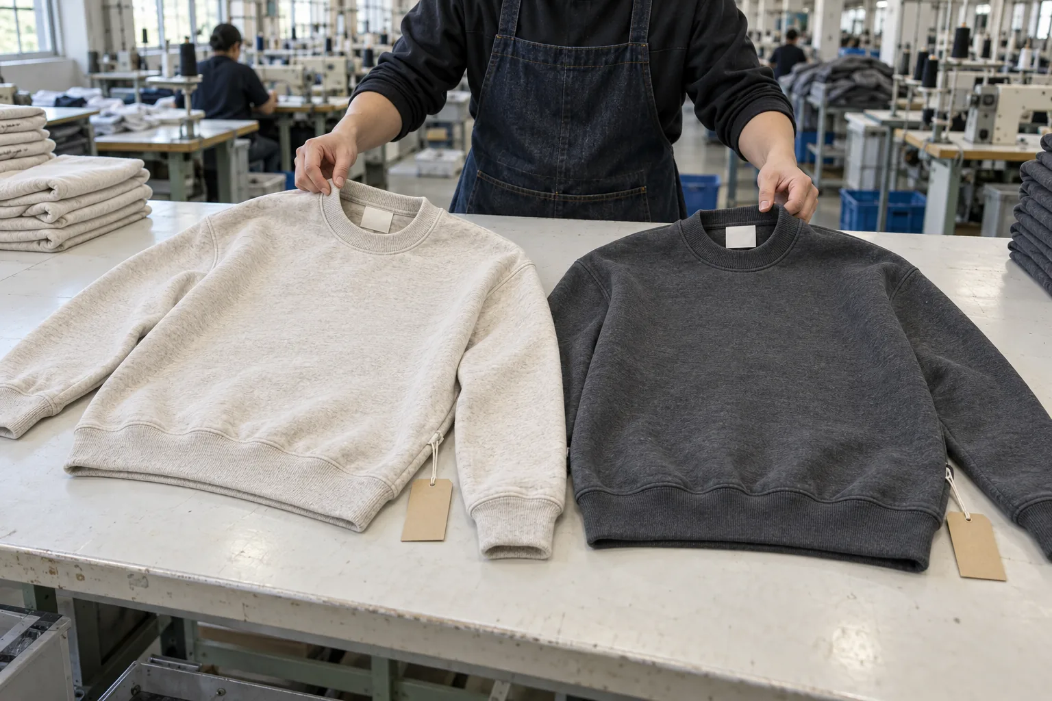 Photorealistic apparel factory documentary photograph of a quality inspector comparing two finished heavyweight crewneck
