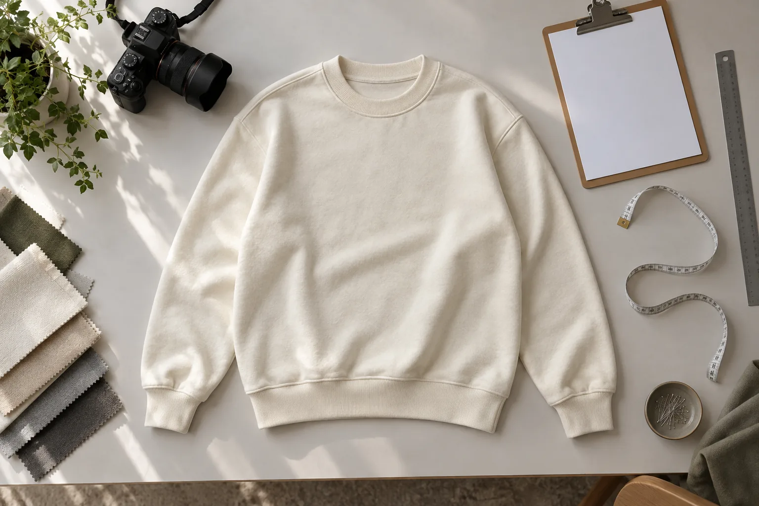 Unbranded sweatshirt sample arranged on a sampling table with measurement tools