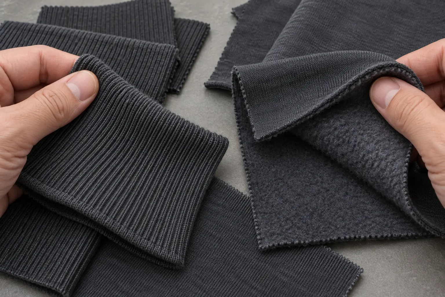 Close view of rib knit and sweatshirt fabric being compared under neutral light