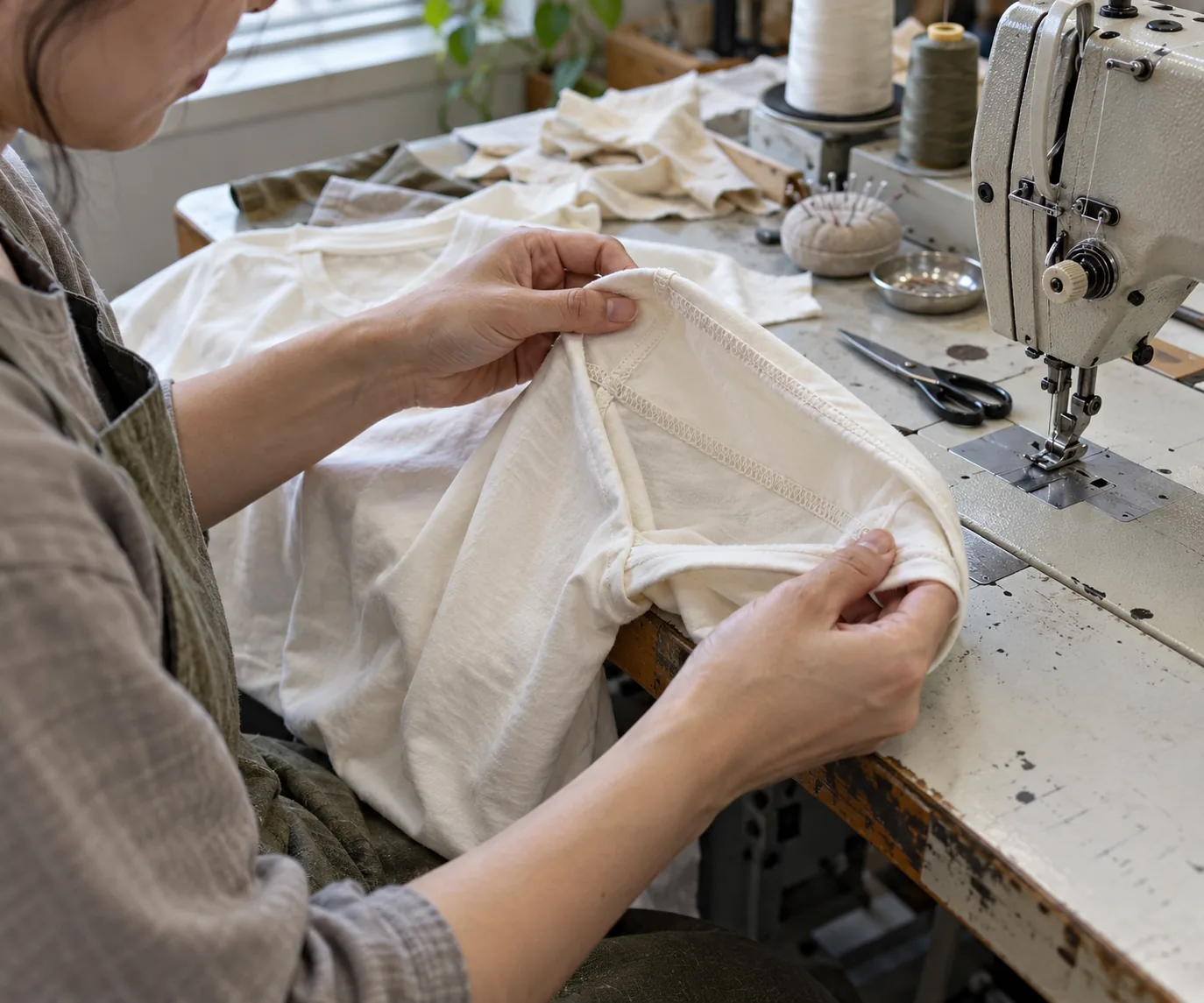 Sample maker checking the sleeve seam of an unbranded tee beside a sewing machine