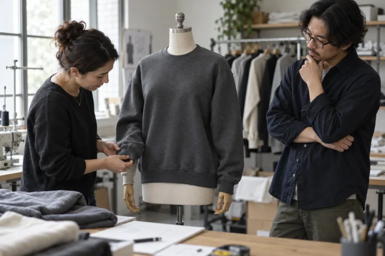 Photorealistic apparel documentary photograph of a buyer and quality reviewer examining a finished unbranded charcoal sw