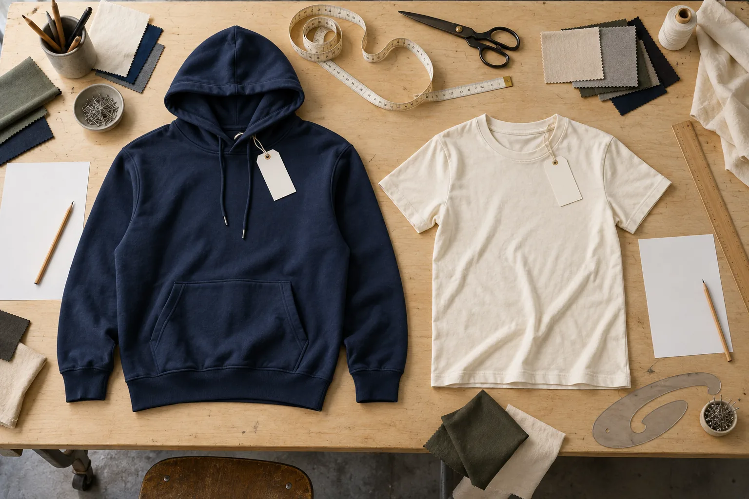 Separate hoodie and T-shirt samples arranged with individual review sheets on a sampling table
