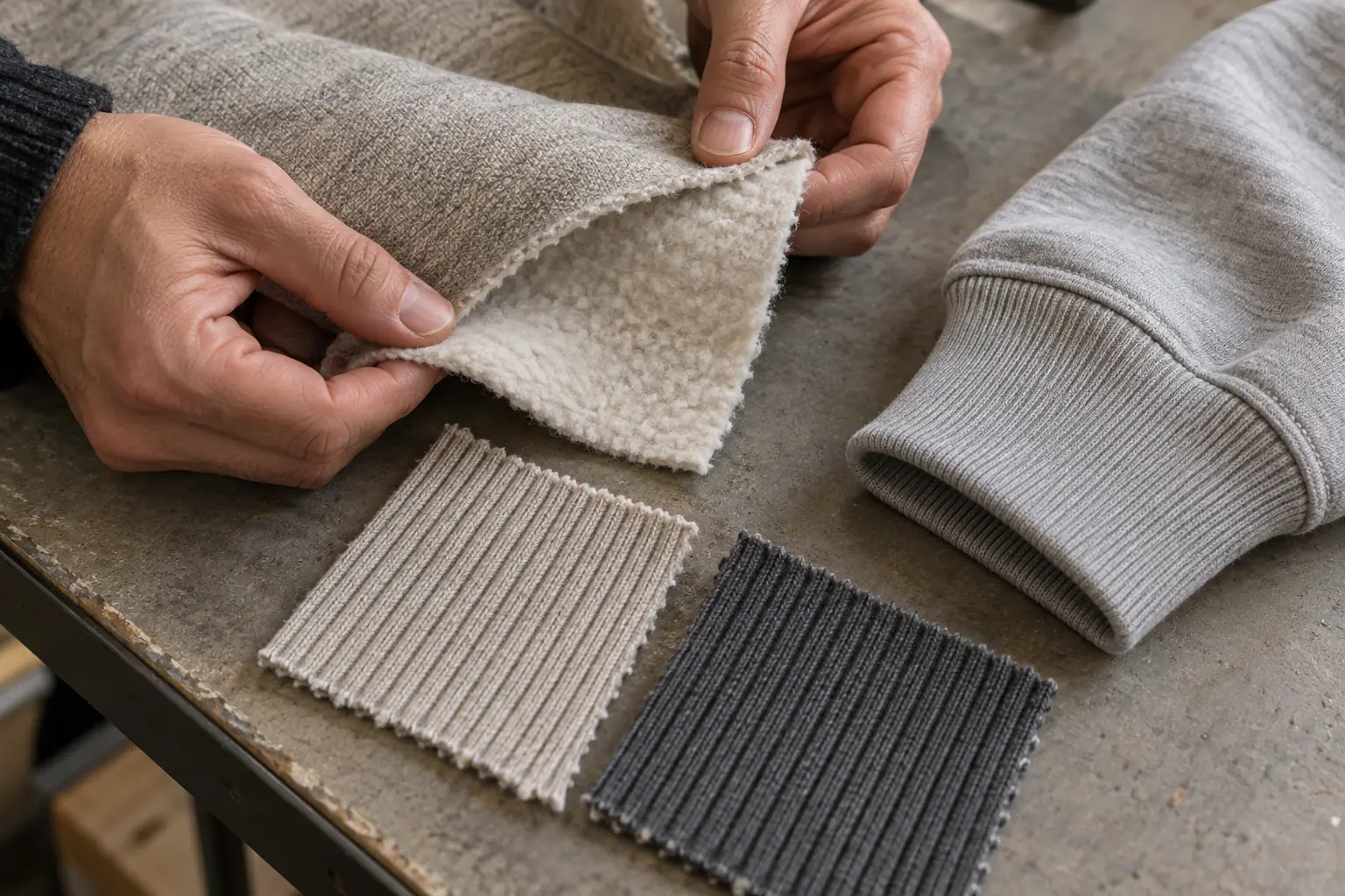 Close inspection of sweatshirt fabric and rib swatches beside a garment cuff