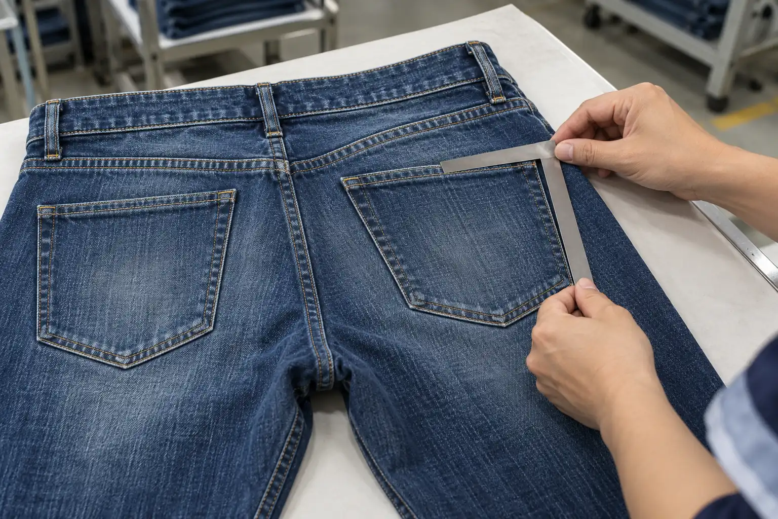 Quality reviewer measuring a denim pocket position on a flat garment