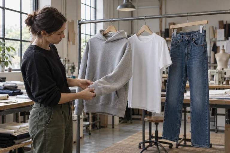 Photorealistic apparel workshop documentary photograph of finished unbranded hoodie, T-shirt and denim jeans hanging sep