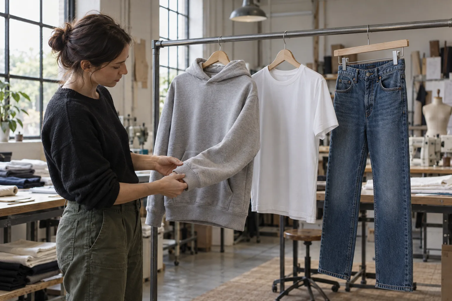 Photorealistic apparel workshop documentary photograph of finished unbranded hoodie, T-shirt and denim jeans hanging sep
