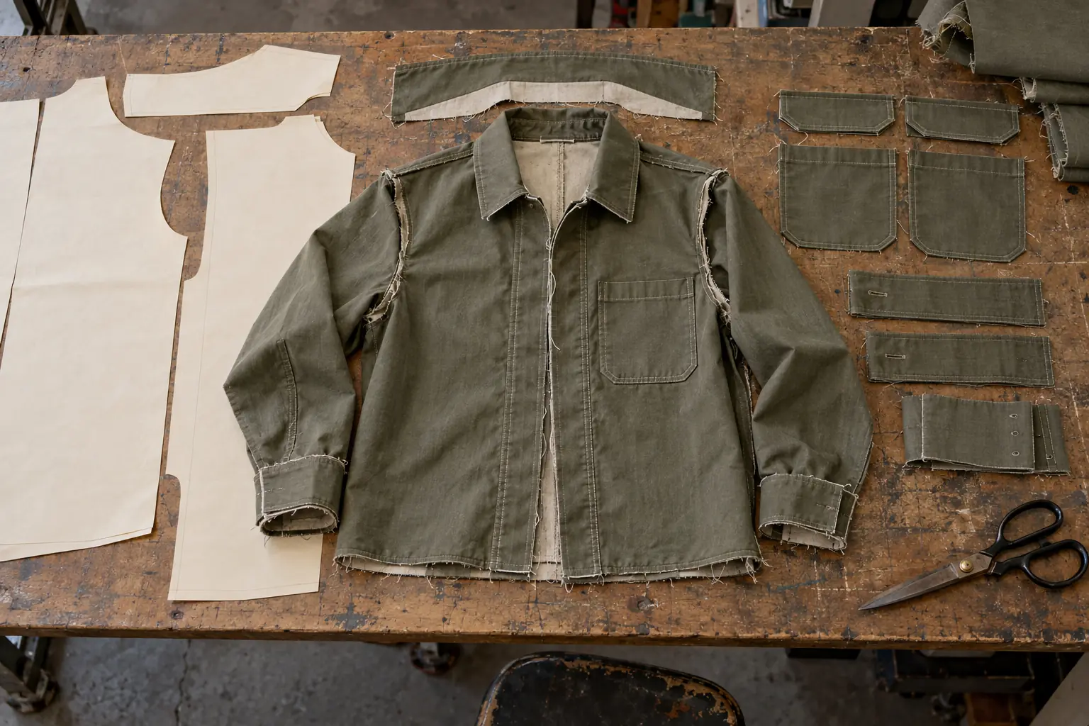 Prototype overshirt and paper pattern pieces arranged on a sampling table