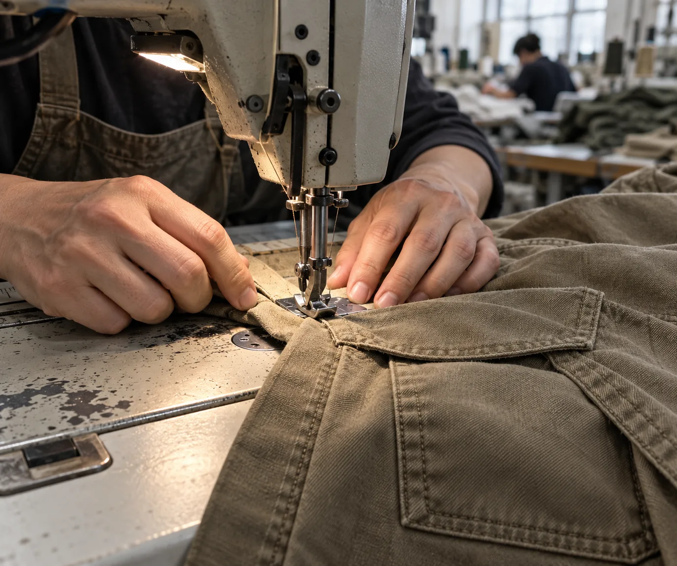 Sample maker sewing a bulky overshirt pocket junction