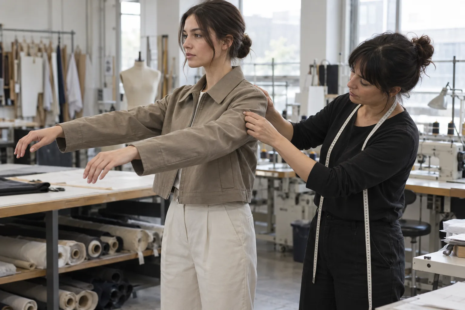 Technician checking the shoulder and sleeve balance of a jacket on a fit model
