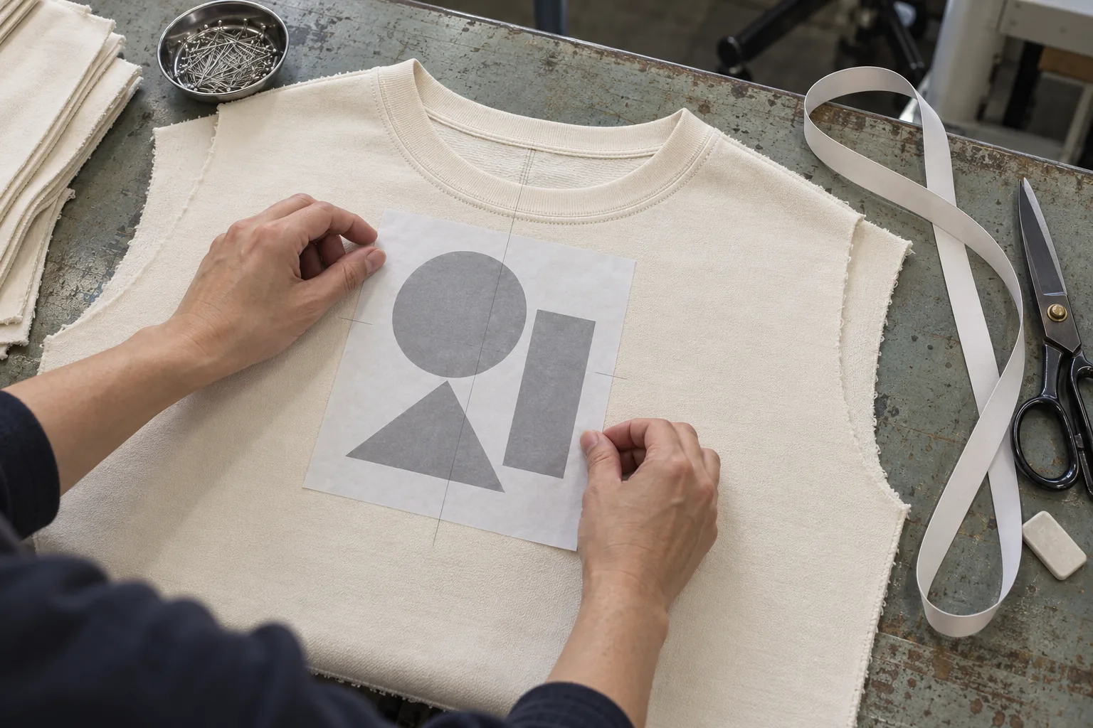 Buyer comparing printed fabric swatches for opacity and surface feel