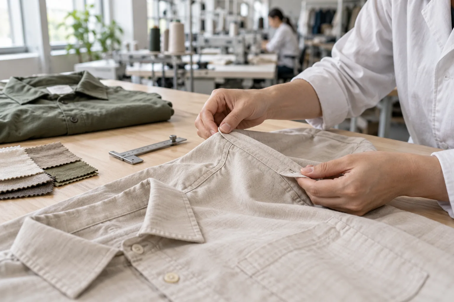 Printed fabric trials beside a sewn tee on a sample room worktable