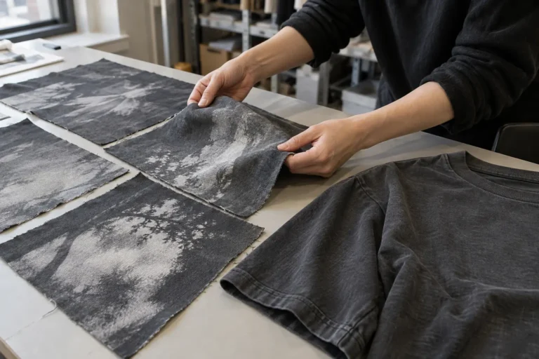 Photorealistic documentary photograph in an apparel sample room, buyer hands comparing charcoal cotton jersey strike-off