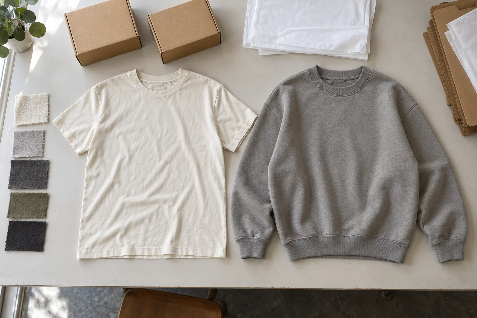 Small apparel order arranged on a sampling table beside packing materials
