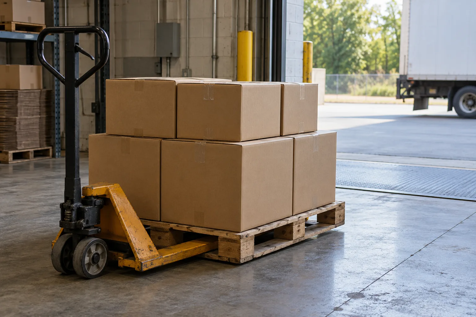 Plain packed apparel cartons staged for carrier collection