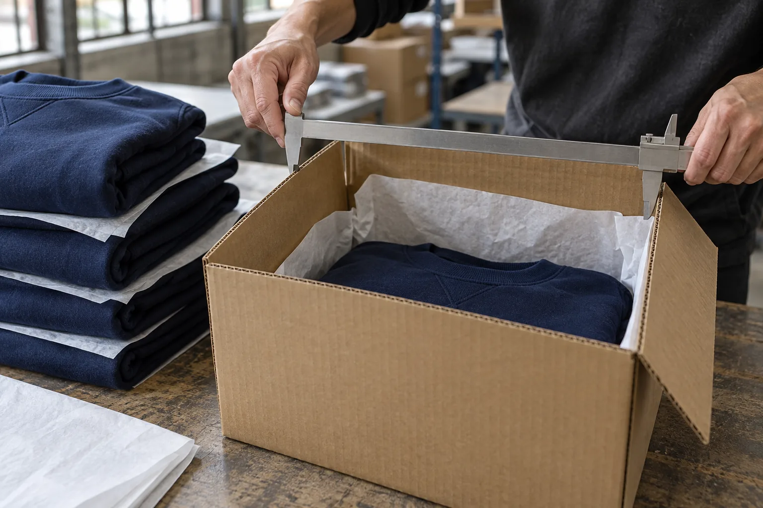 Worker measuring a carton beside folded heavyweight sweatshirts