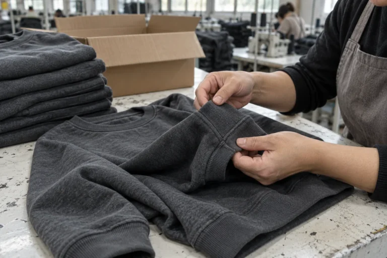 Photorealistic apparel factory documentary photograph, quality inspector examining stitching on a finished charcoal swea