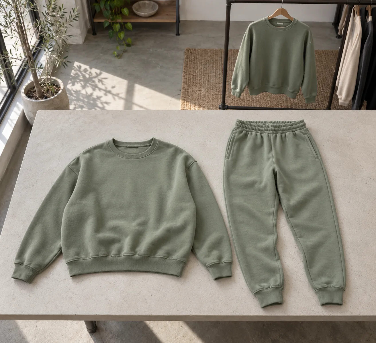 Coordinated sweatshirt and jogger arranged beside separate garment samples