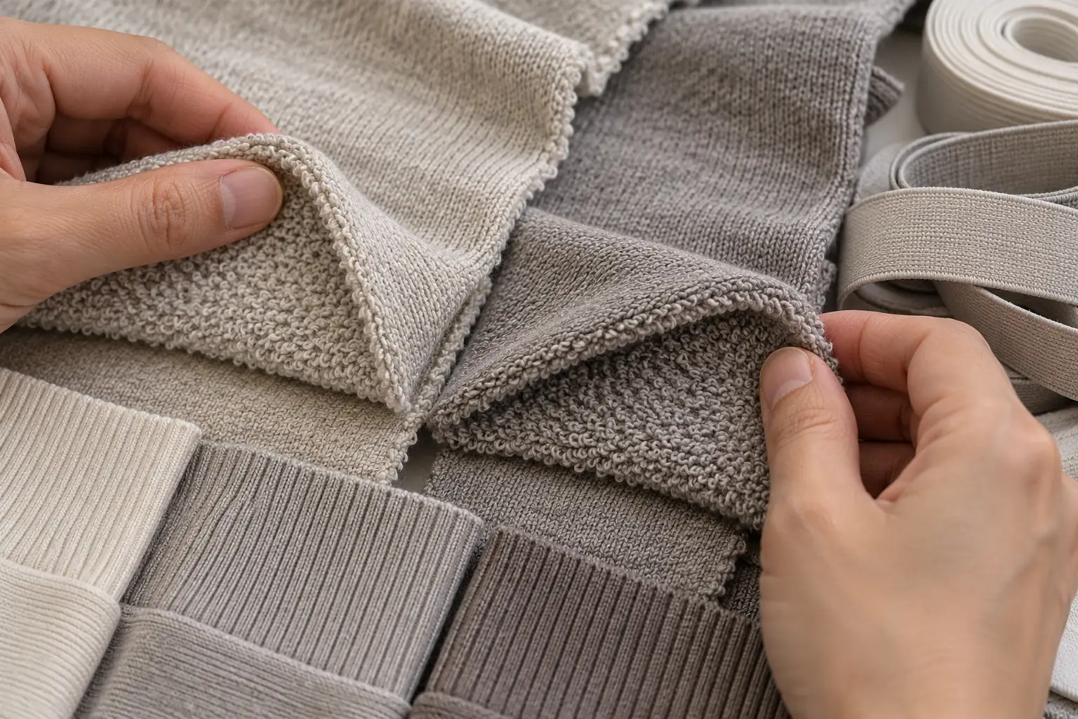 French terry fabric and matching rib swatches examined under neutral light
