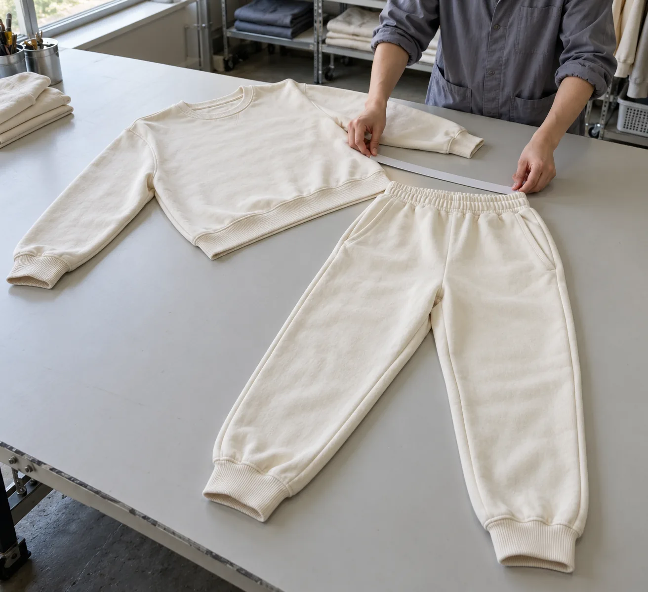 Technician measuring a sweatshirt and jogger together on a sampling table