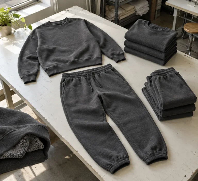 Photorealistic apparel documentary photograph of finished charcoal crewneck sweatshirts and matching joggers on a clean