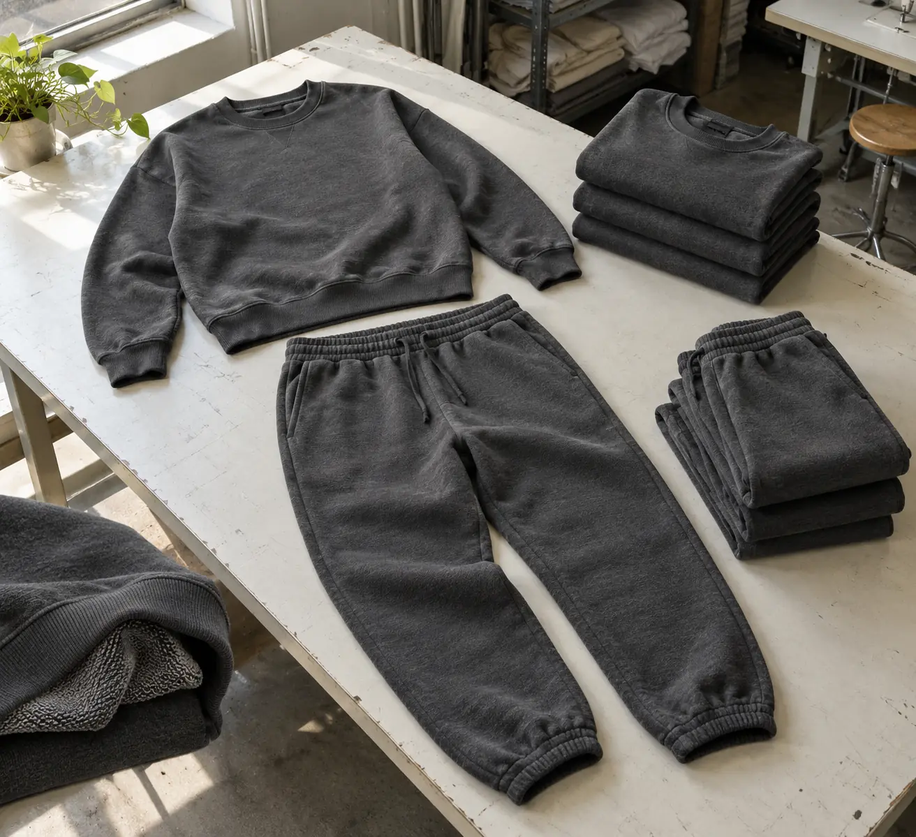 Photorealistic apparel documentary photograph of finished charcoal crewneck sweatshirts and matching joggers on a clean