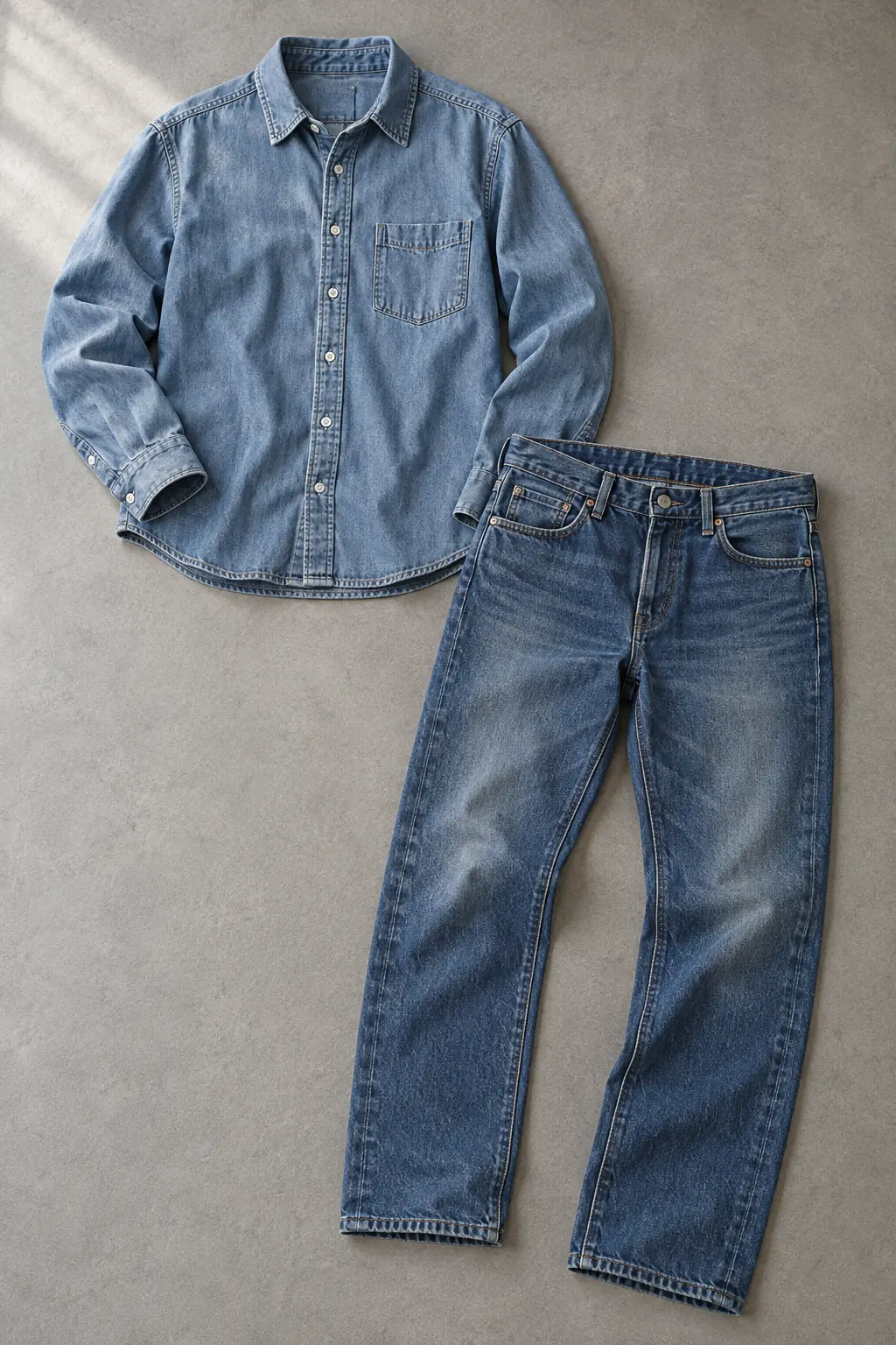 Denim outfit components arranged side by side to compare overall shade and cast