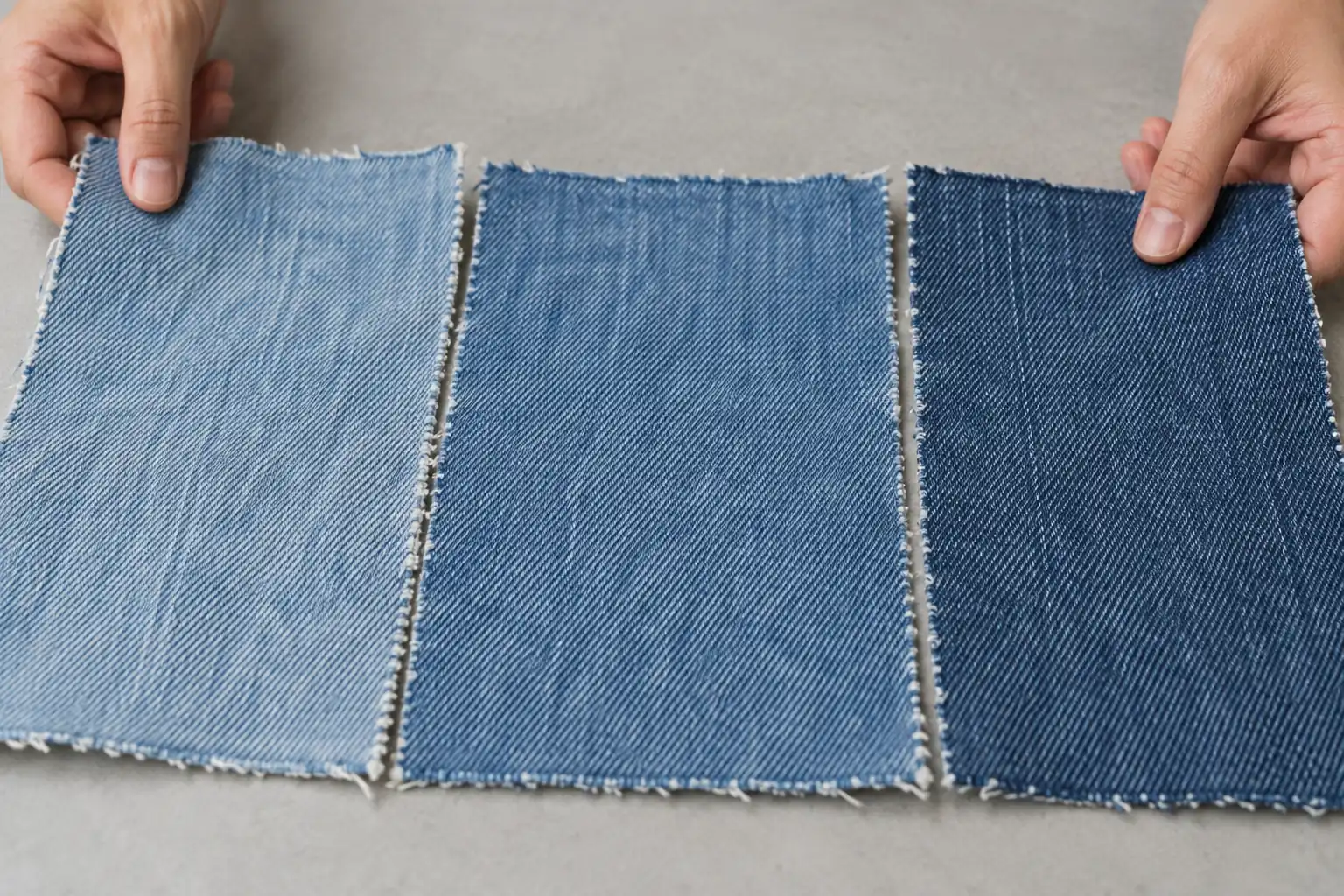 Physical denim shade references compared on a sampling table under controlled lighting