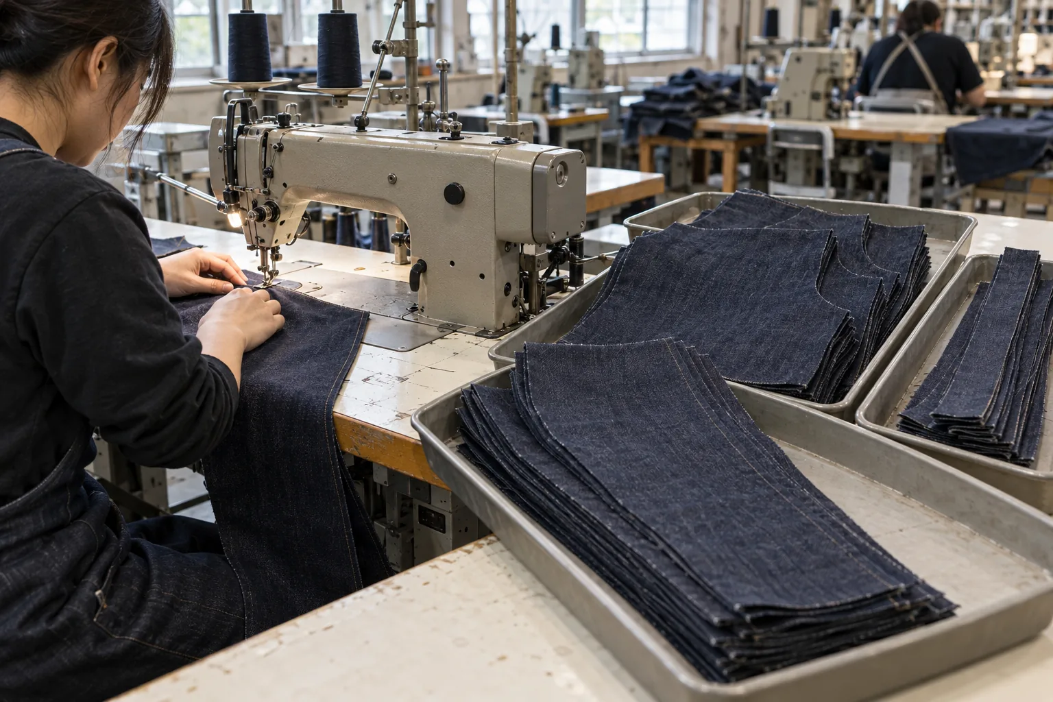 Separate bundles of denim garment panels beside a sewing station