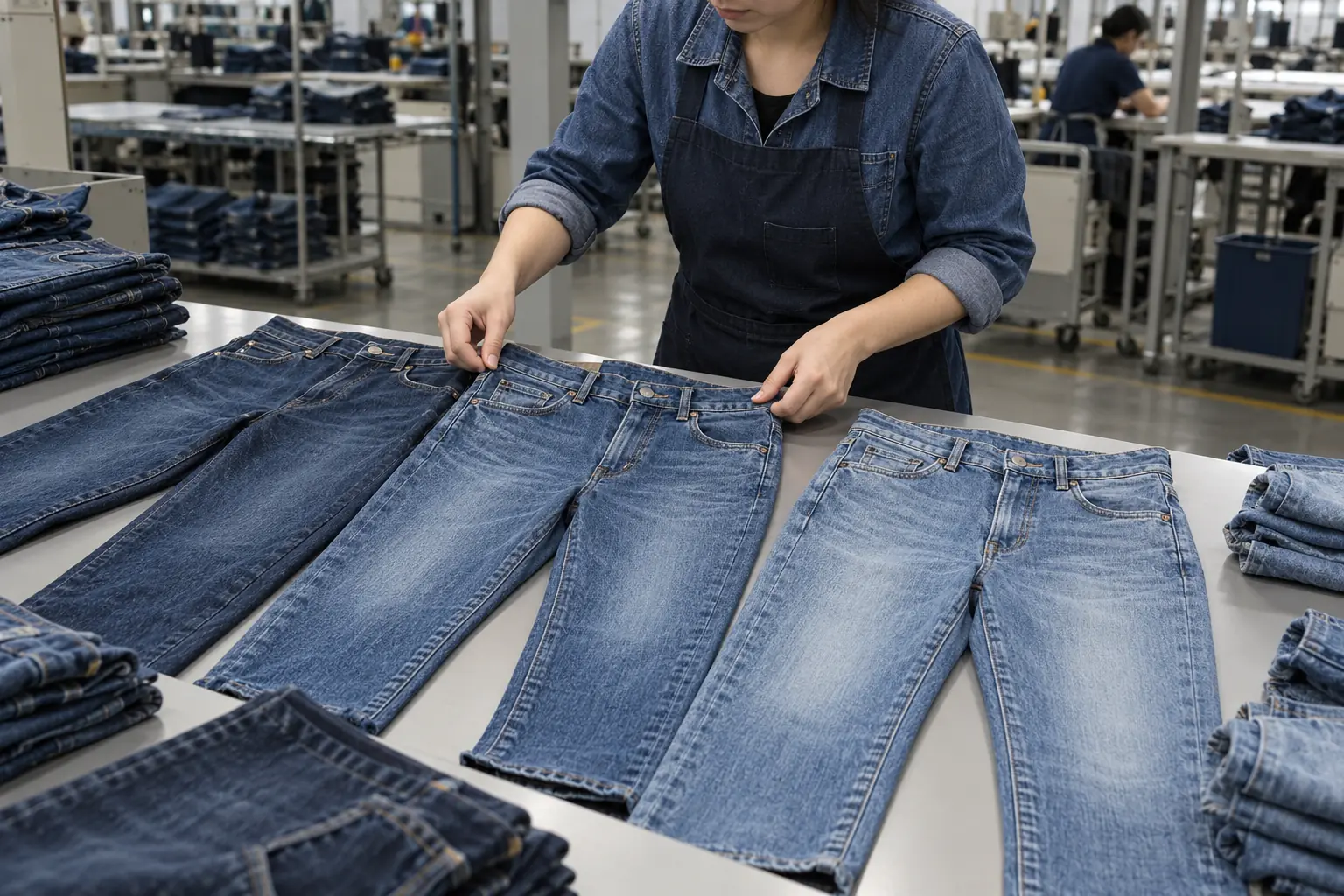 Quality inspector comparing washed denim garments in a neutral light inspection area