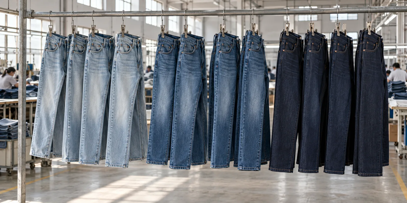 Photorealistic documentary photograph of finished blue denim jeans hanging in distinct shade groups on a garment factory