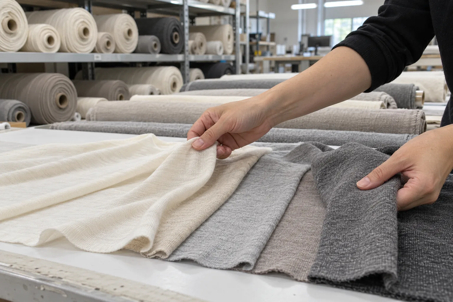 Fabric rolls and jersey swatches compared under neutral inspection lighting