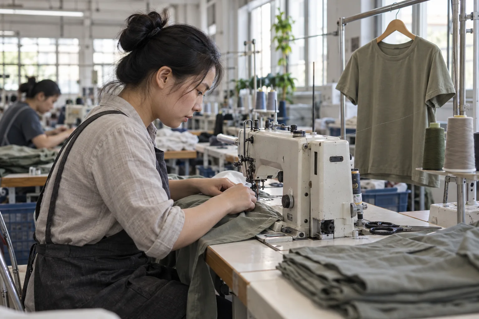Sewing operator assembling an unbranded garment beside a reference sample