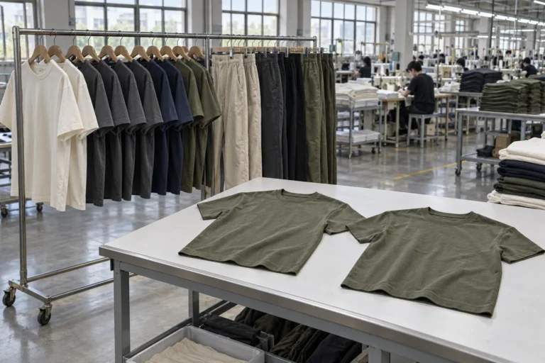 Photorealistic apparel factory documentary photograph of finished unbranded heavyweight tees and casual trousers on a cl