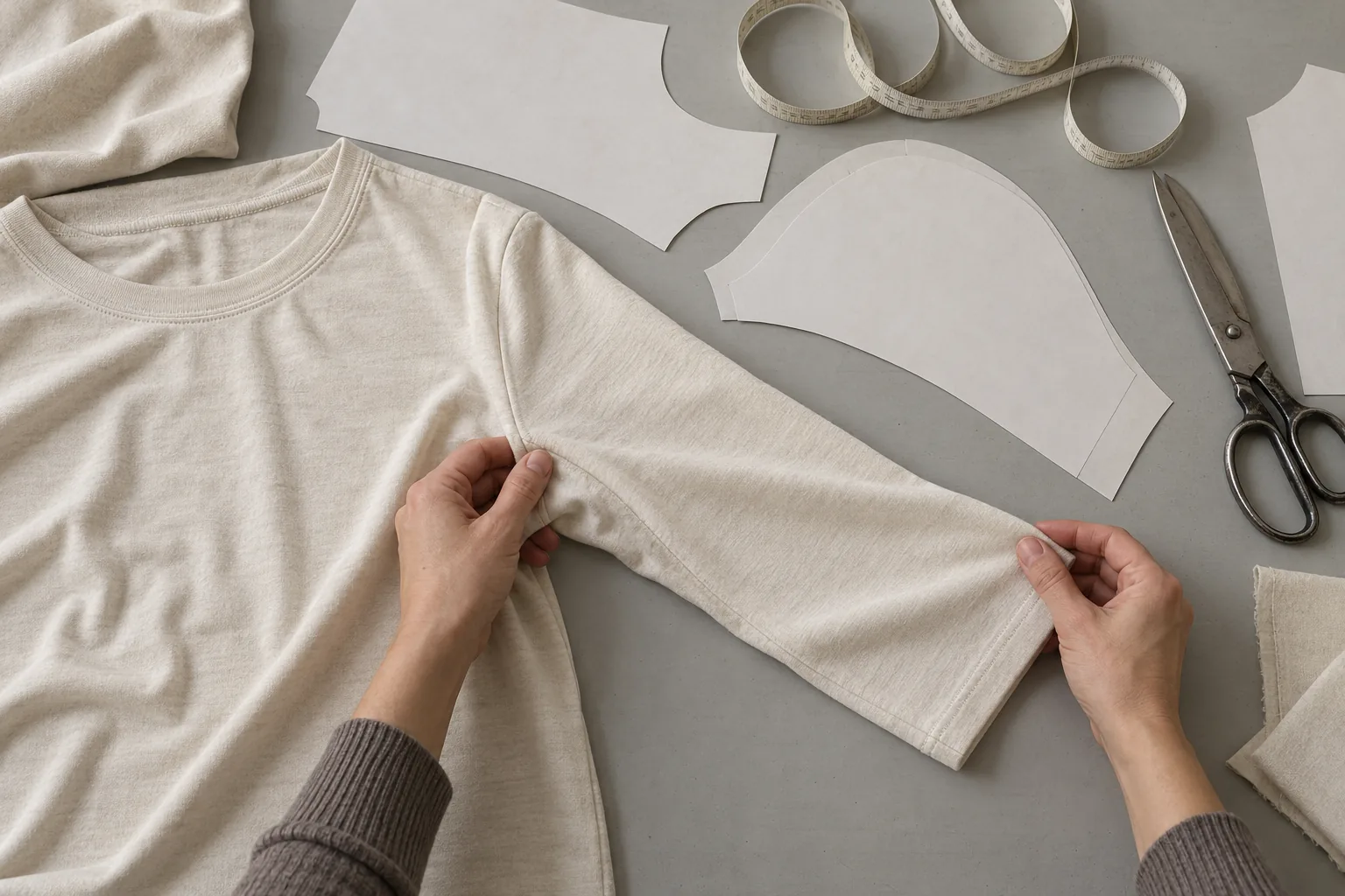 Garment prototype laid beside pattern pieces on a sampling table