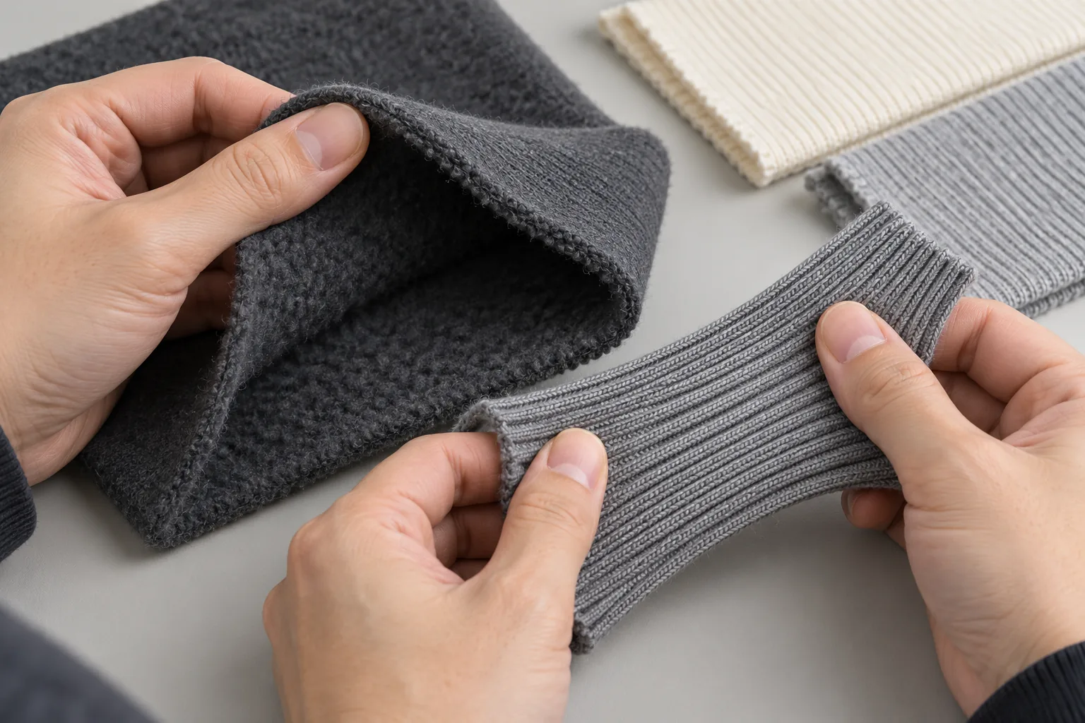 Fabric swatches and rib knit compared under neutral inspection lighting