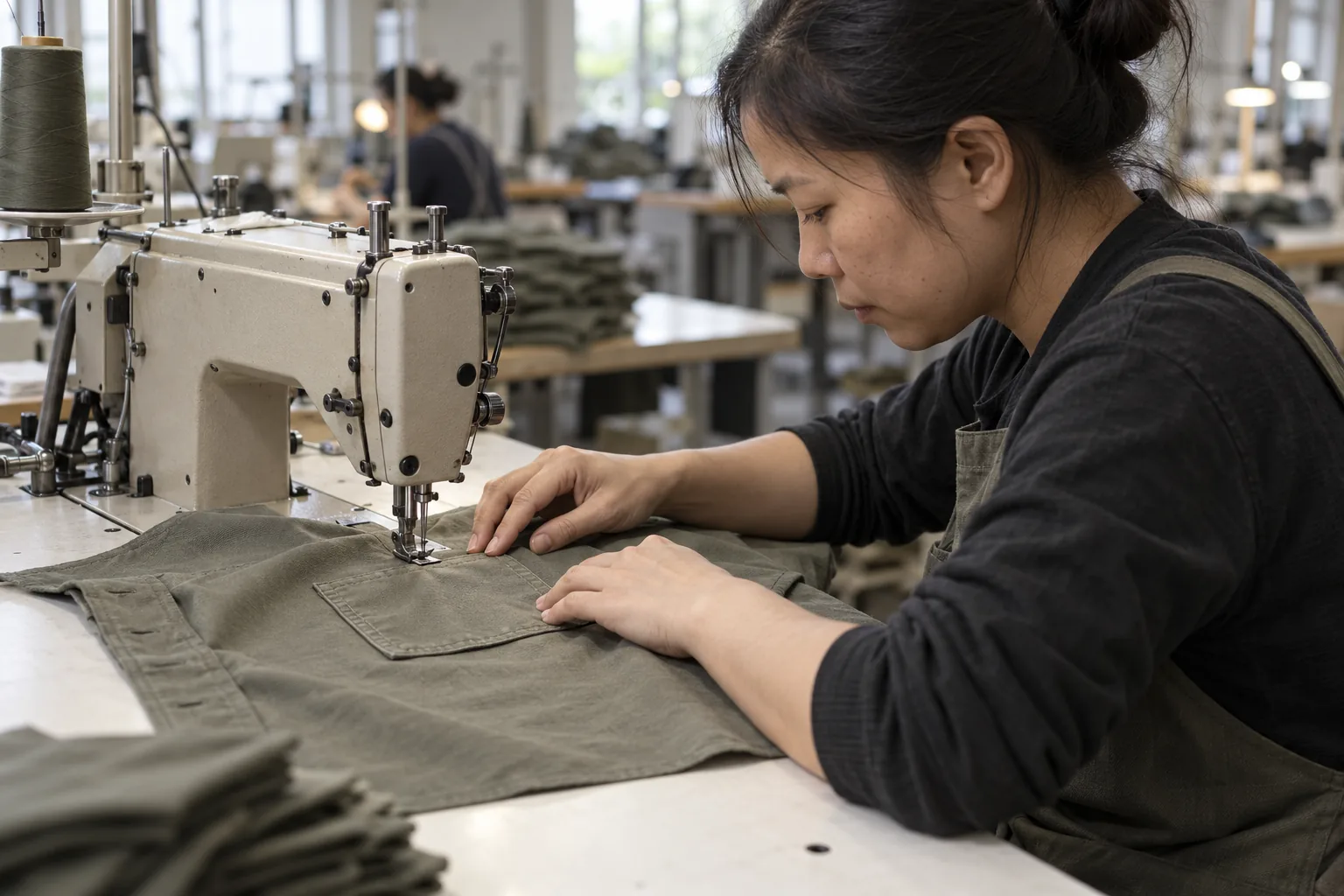Sewing operator assembling a trial garment panel at an industrial machine
