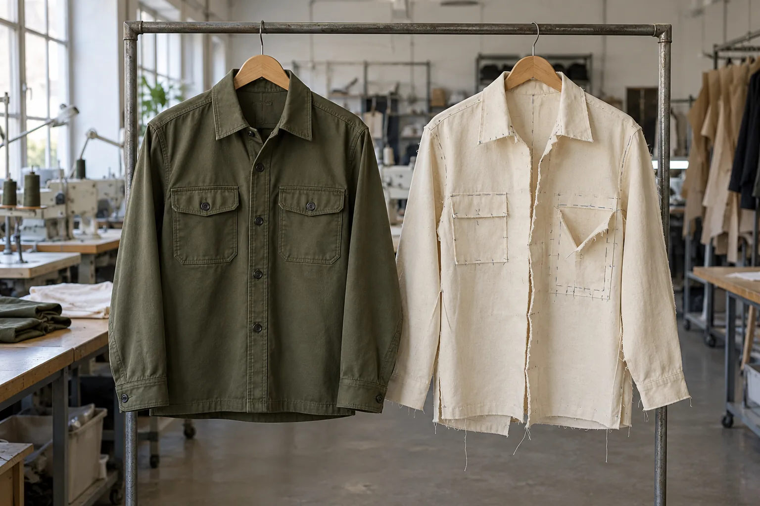 Photorealistic apparel factory documentary photograph of a finished olive overshirt hanging beside an unfinished toile o