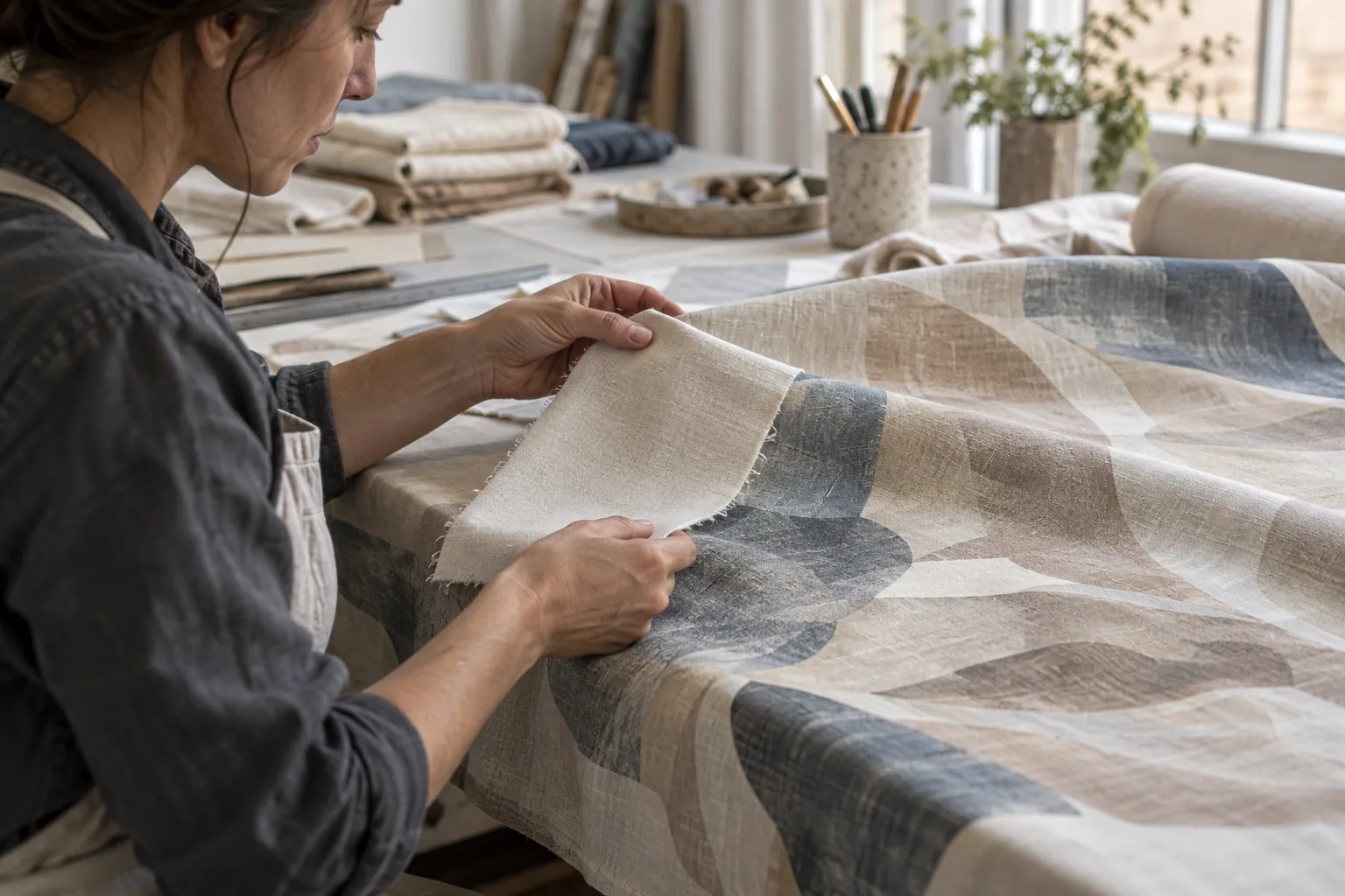 Technician examining a printed cotton panel beside an undecorated fabric swatch