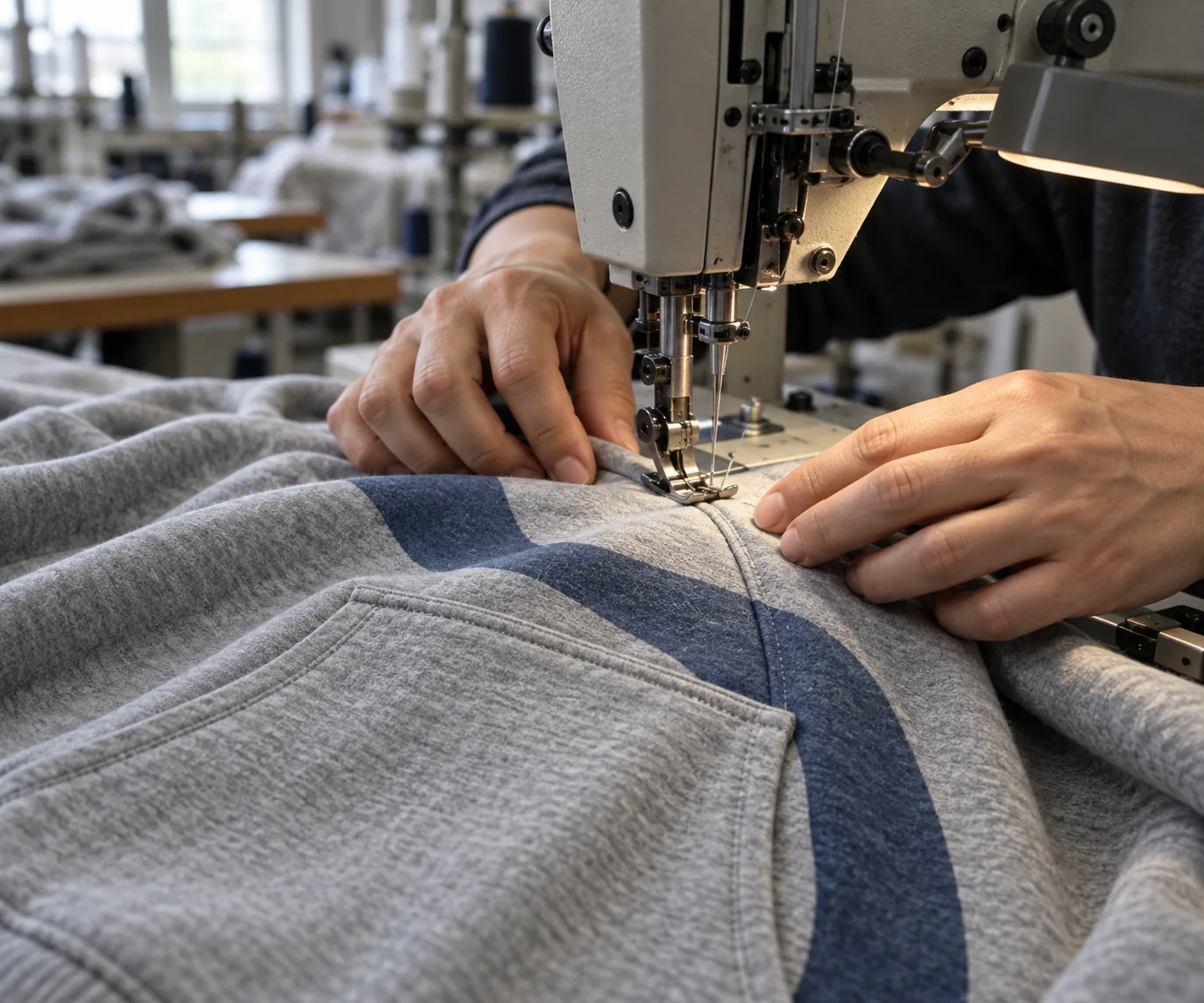Sewing operator assembling a sweatshirt panel carrying an abstract printed shape