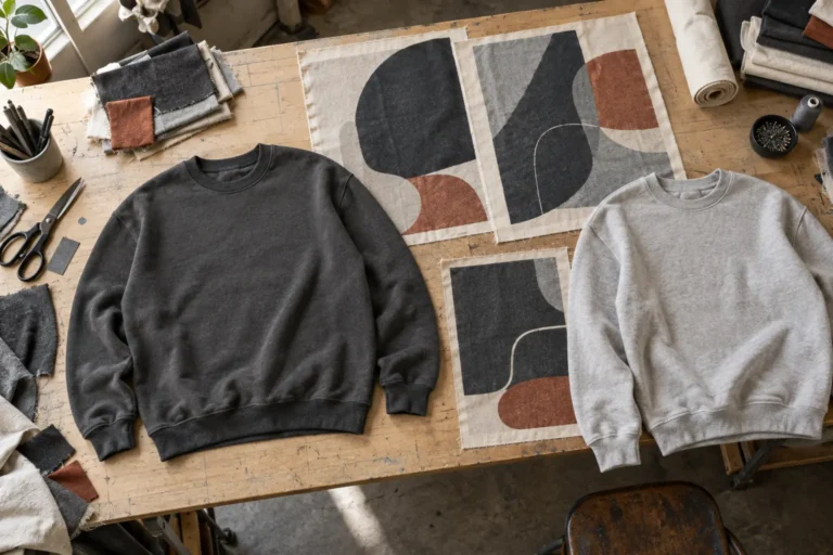 Photorealistic apparel development sampling table, complete charcoal cotton sweatshirt beside full-scale abstract graphi