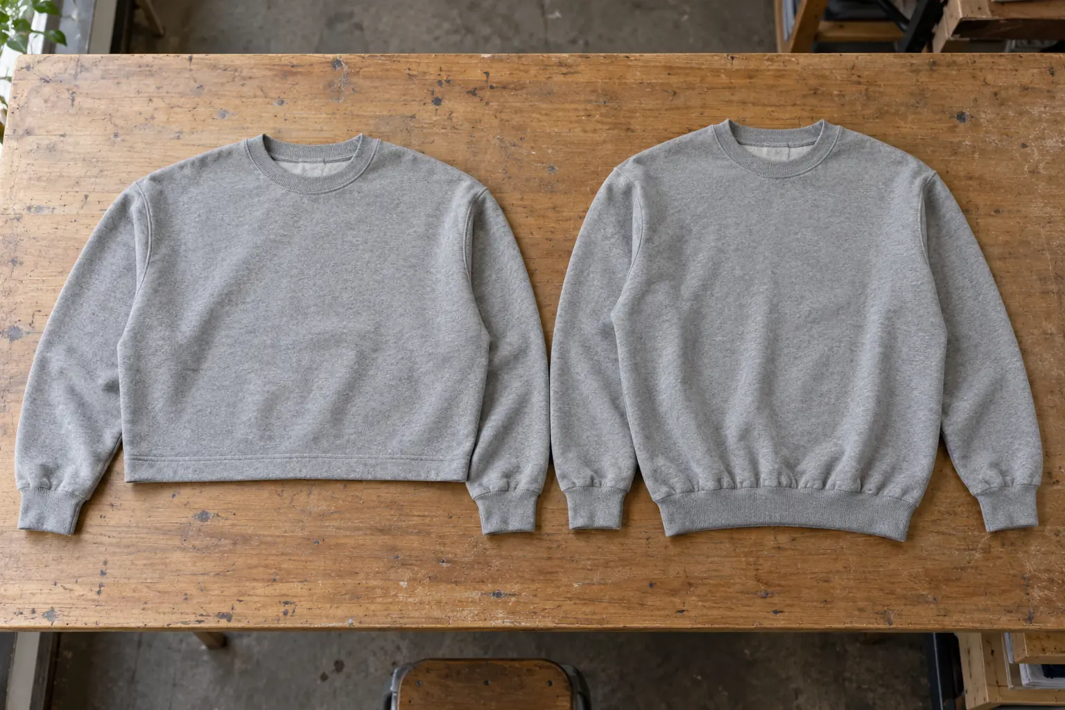 Short wide sweatshirt beside a longer oversized sweatshirt on a sampling table