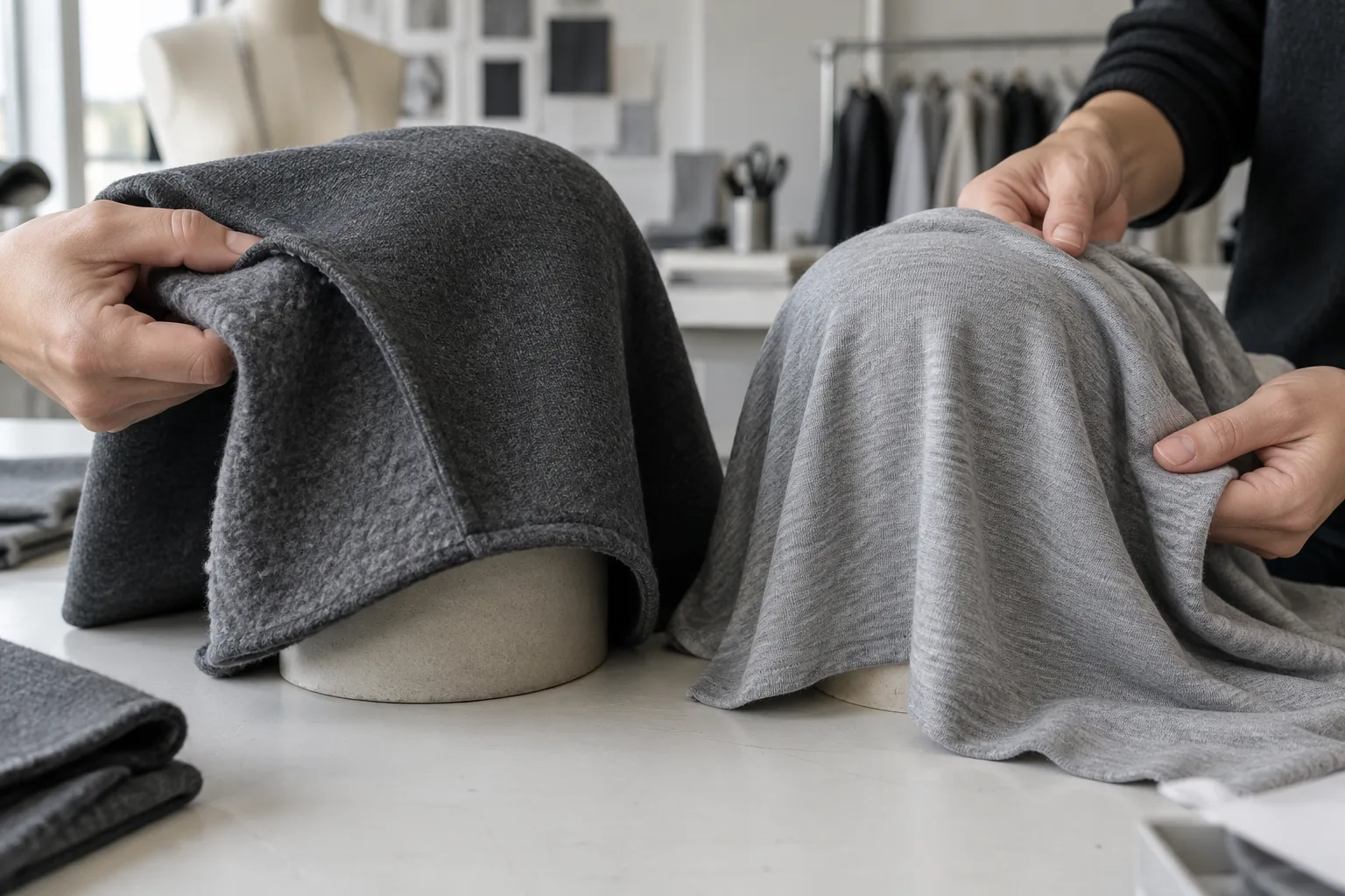 Technician comparing fleece and jersey drape over a sampling bench
