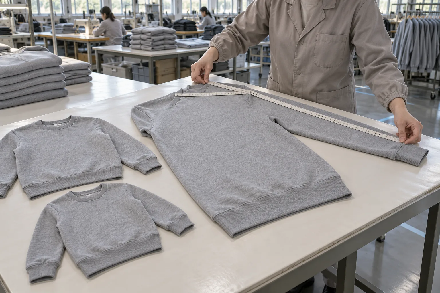 Quality technician comparing shoulder and sleeve dimensions across sweatshirt sizes