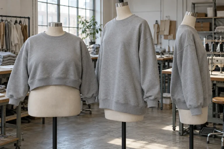 Photorealistic apparel workshop documentary photograph of finished unbranded sweatshirts on three differently proportion