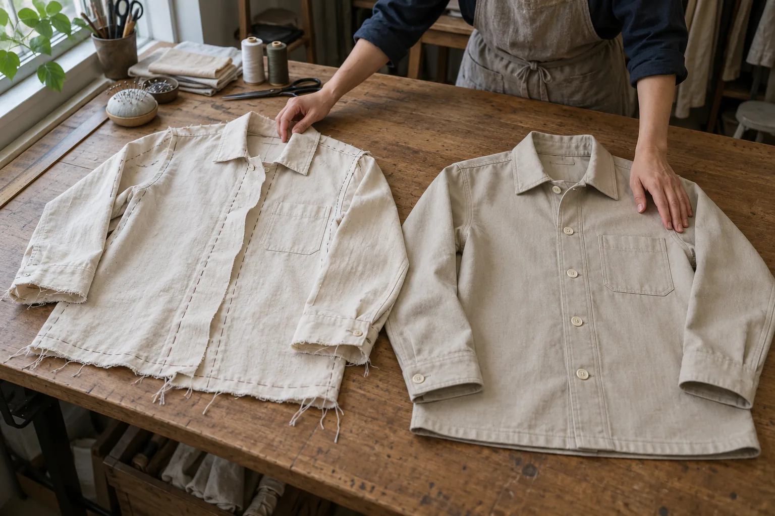 Fit development garment and presentation garment arranged separately on a sampling table